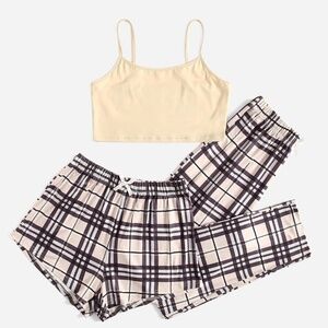 NWT ROWME PLAID 3-PIECE PJ SET CROP TOP, PANTS, SHORTS  - M